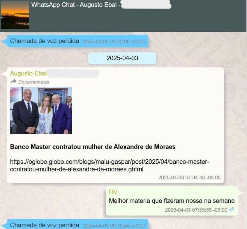 Print da conversa de Vorcaro com Augusto Lima • Reprodução