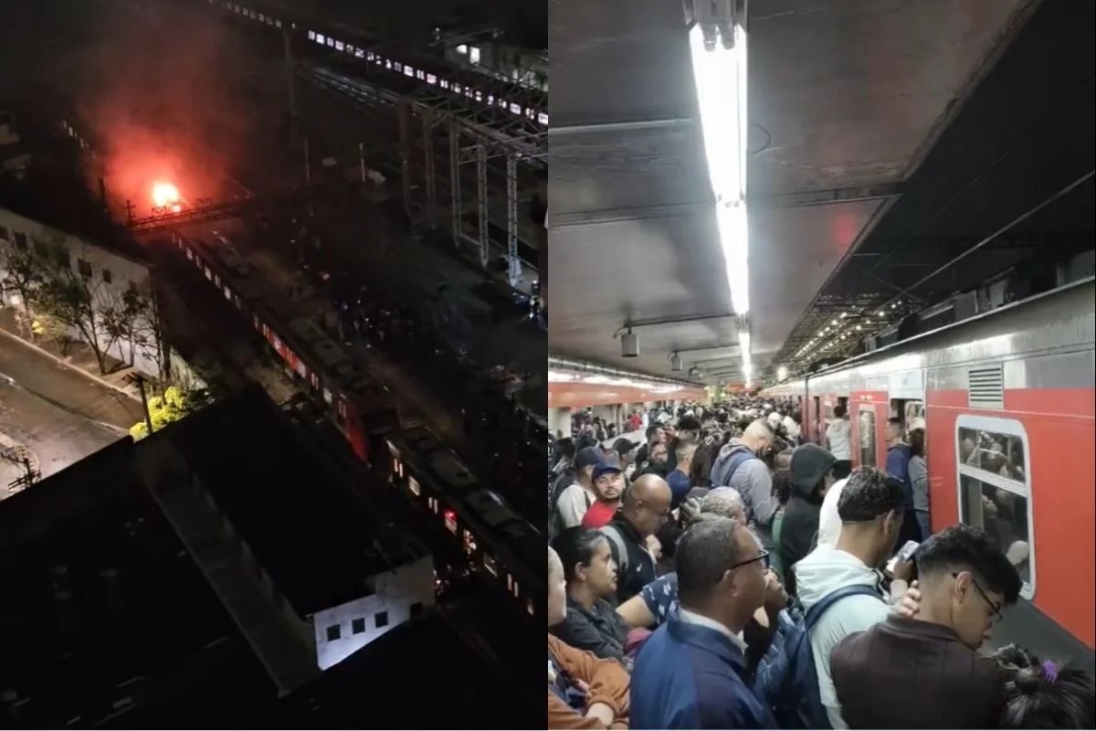 Incêndio em trem paralisa linhas 11, 12 e 13 da CPTM; passageiros evacuados caminham nos trilhos