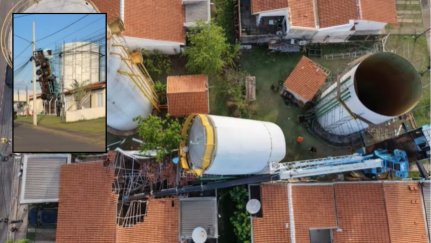 Guindaste tomba e destrói parte da cobertura de residência no Jardim Imperial em Cuiabá