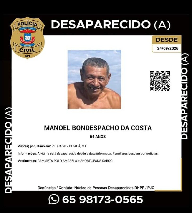 Homem de 64 anos desaparece no bairro Pedra 90 em Cuiabá; família busca informações