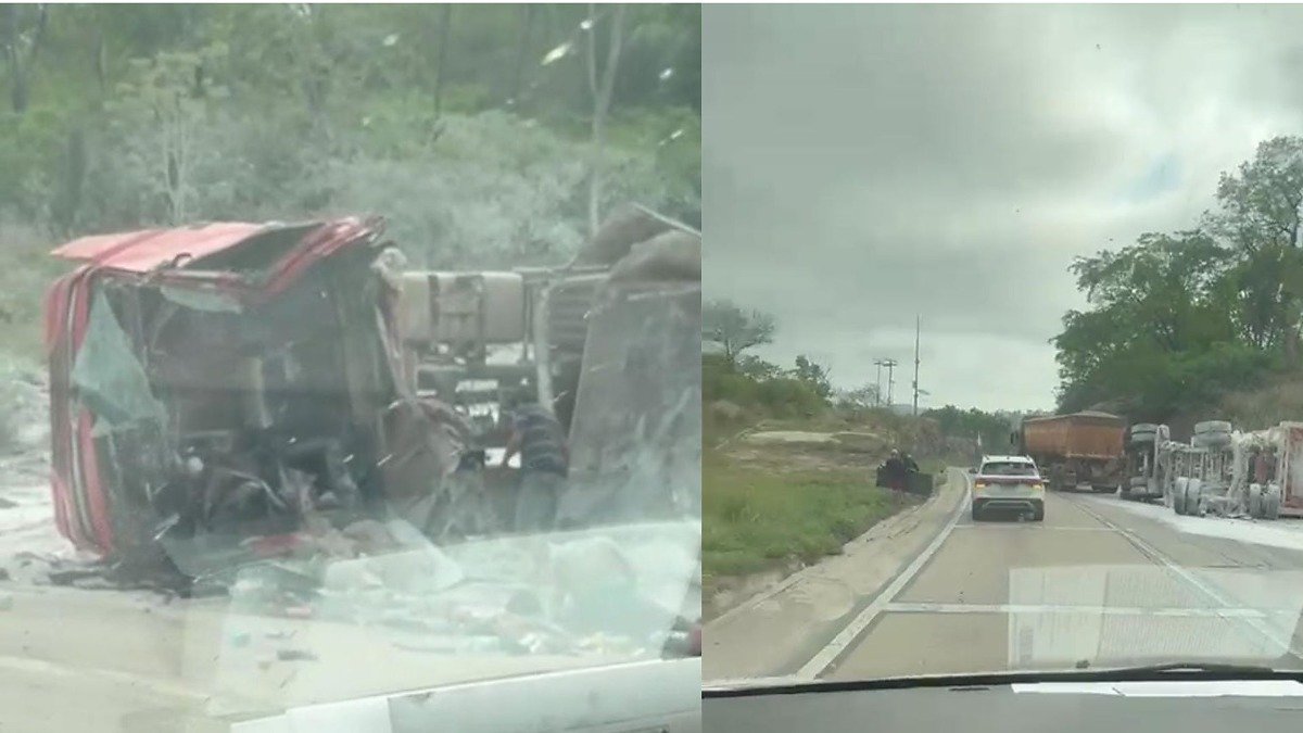 Duas carretas colidem e tombam na BR-364 em Serra de São Vicente; rodovia é interditada
