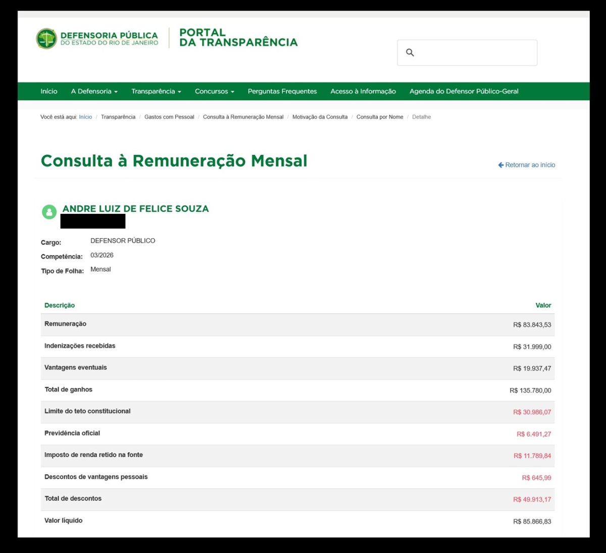 Contracheque 1 da Defensoria do Rio mostra salários acima dos R$ 46 mil por mês