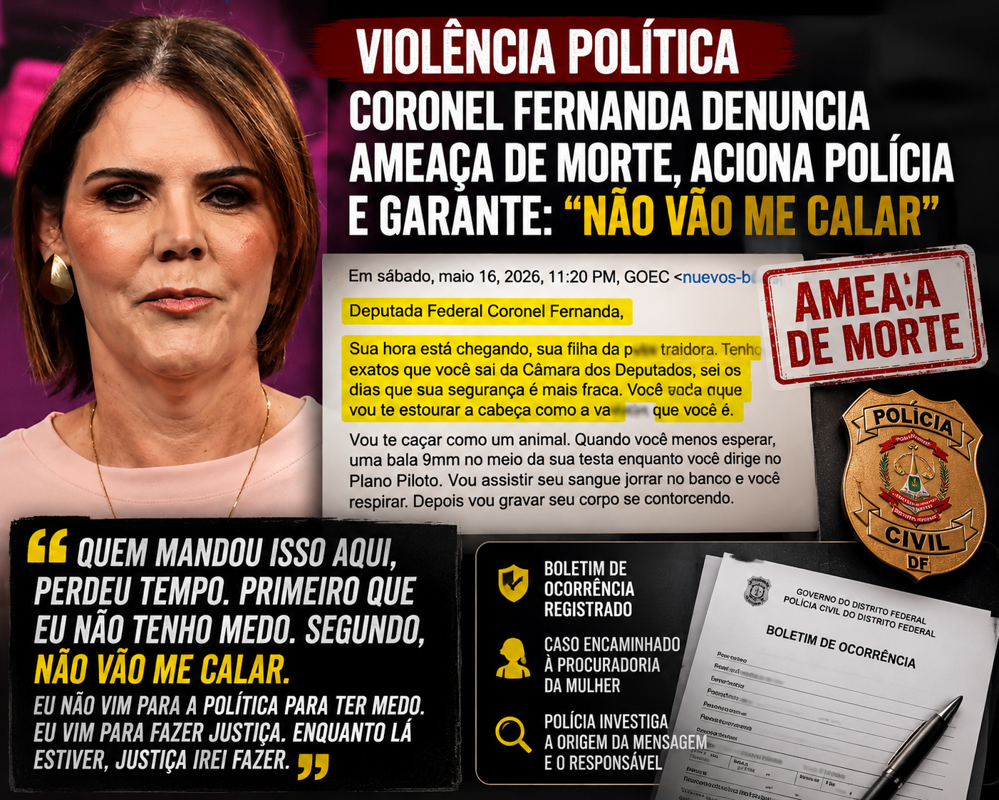 Violência política: Coronel Fernanda denuncia ameaça e promete seguir atuando